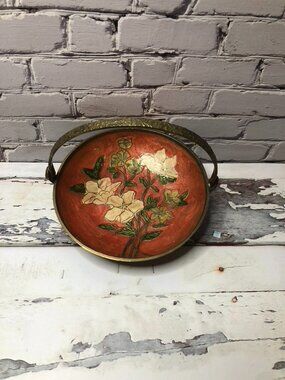 Vintage Indian Brass Enamel Bowl Dish Catchall Handle Decor Embossed Design